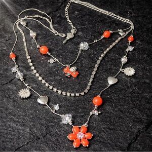 RARE Betsey Johnson BEE Silver-Tone Layered Necklace with Coral Flower and Beads